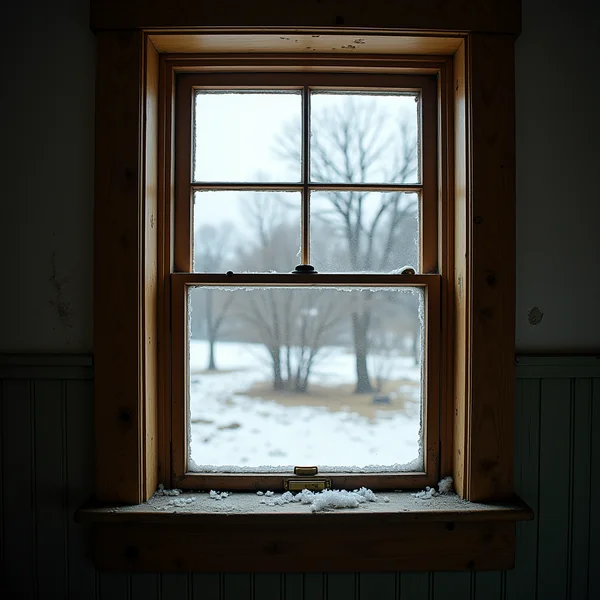 Frost at the edges of an old wooden double-hung window in a New York house on a winter morning