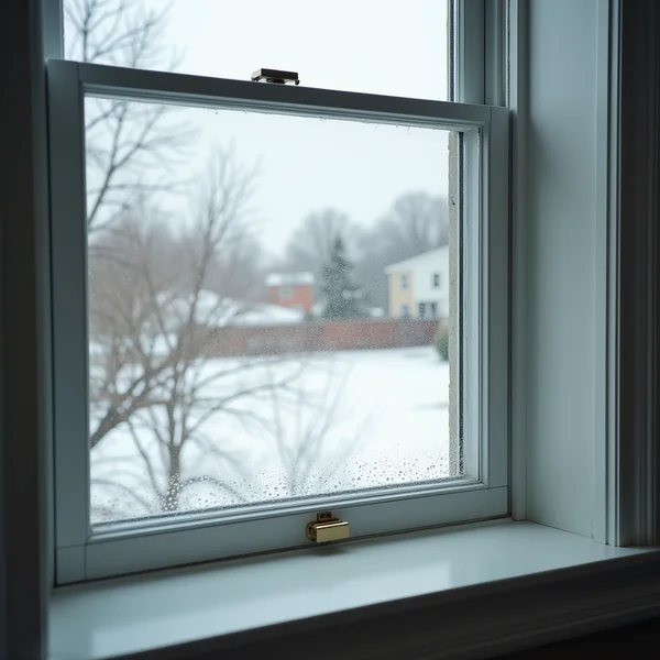 Fine water droplets across the lower pane of a residential window on a cold overcast morning