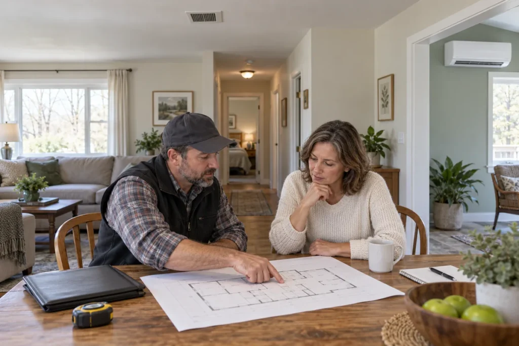 Homeowner and contractor reviewing heat pump zoning for a New York ranch home