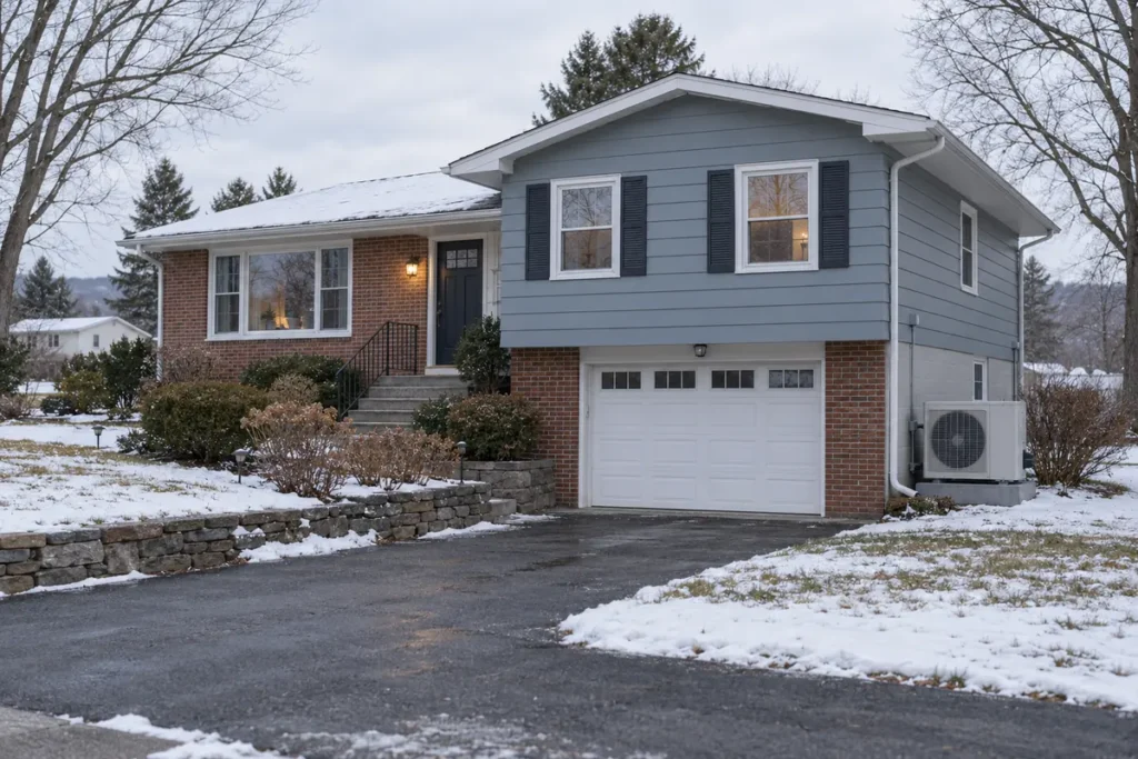 Cold-climate heat pump serving a New York split-level home in winter