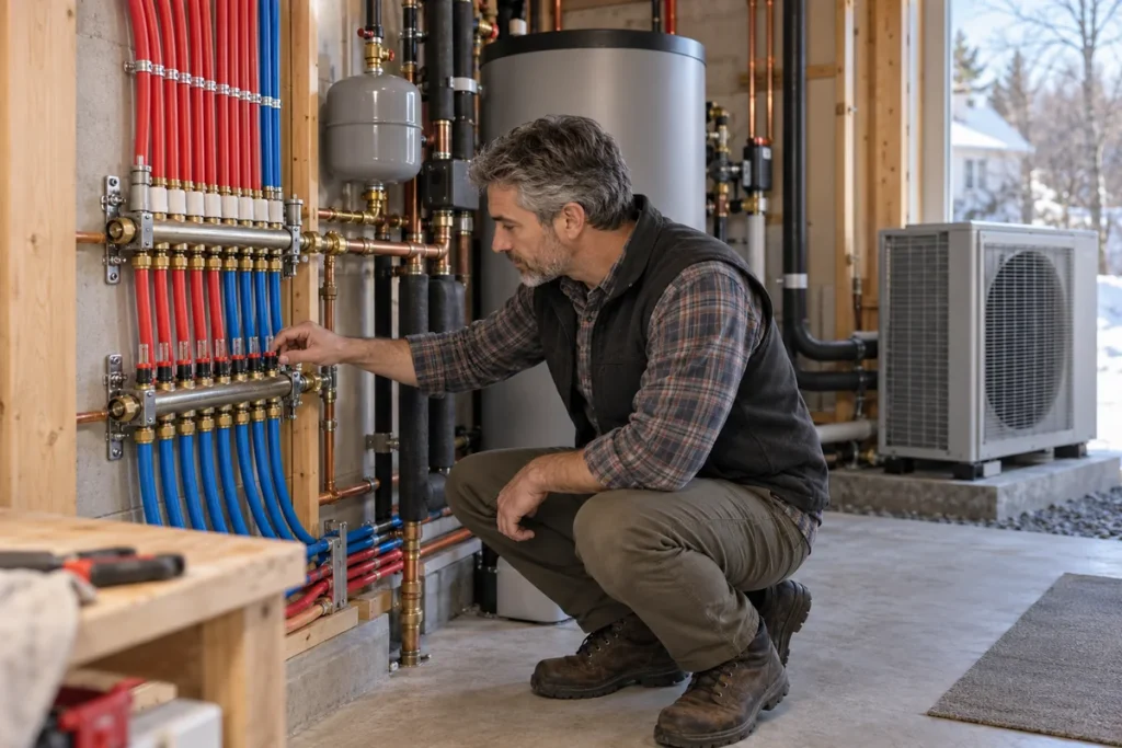 Technician inspecting a hydronic radiant floor manifold connected to a heat pump system